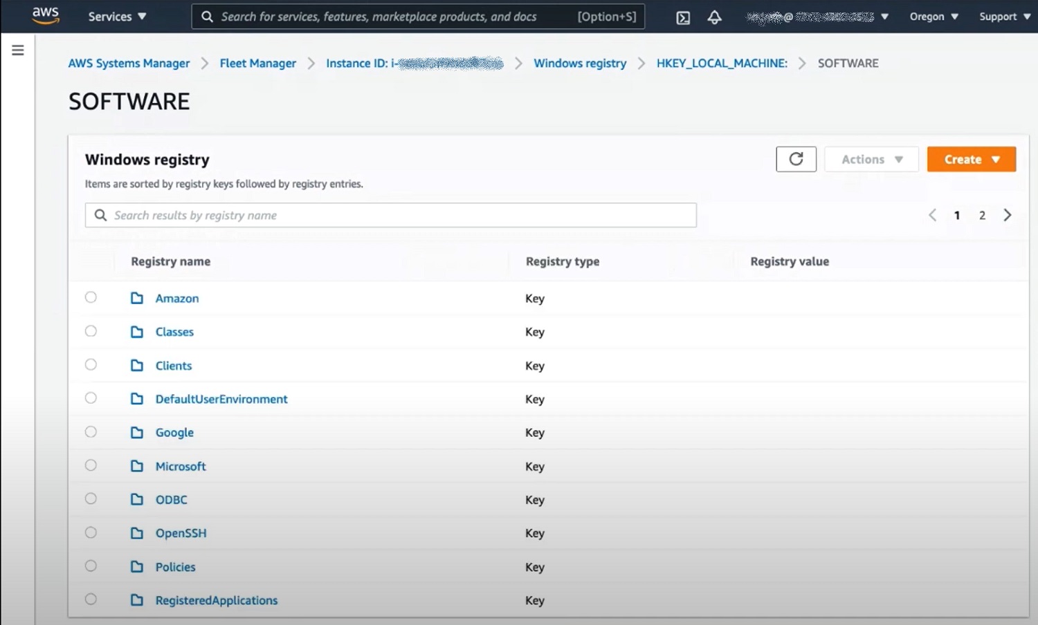 Browsing registry on the EC2 instance with Windows Server in the AWS Systems Manager Fleet Manager console.