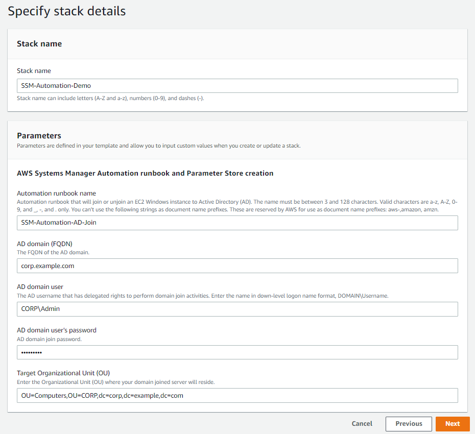 Figure 1: Example screenshot of AWS CloudFormation stack creation.