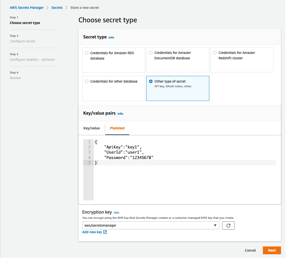 AWS Secrets Manager - Choose Secret Type