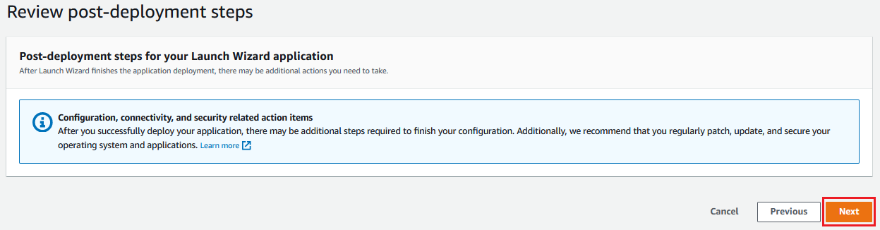 AWS Launch Wizard for IIS - post-deployment steps review section.