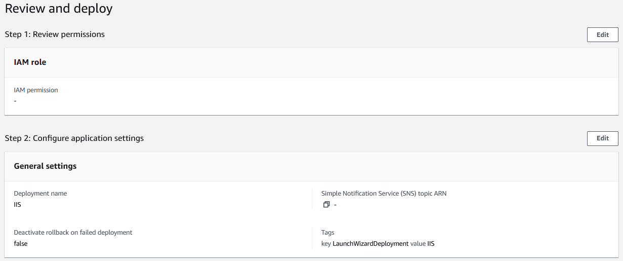 AWS Launch Wizard for IIS - Review and deploy section.