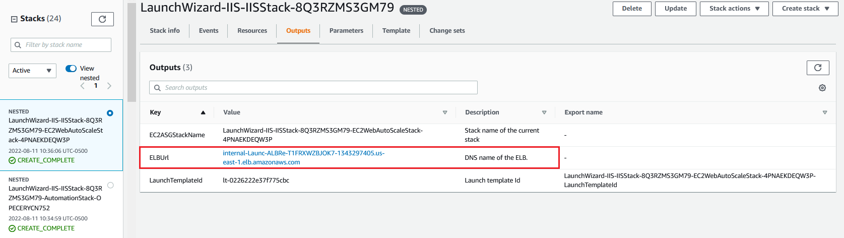 AWS Launch Wizard for IIS - Determining ELB URL from CloudFormation stack.