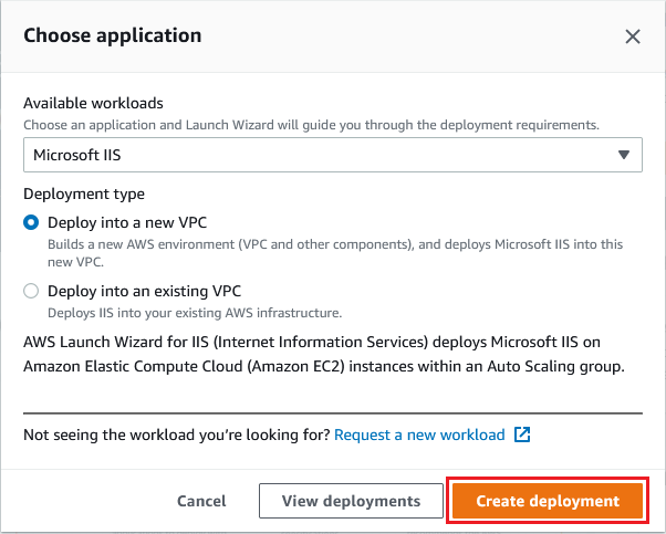 Choose Microsoft IIS as application, select deployment type, and create deployment.