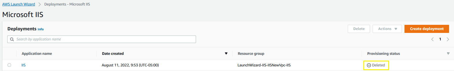 AWS Launch Wizard for IIS - Provisioning status showing 'Deleted' for IIS.