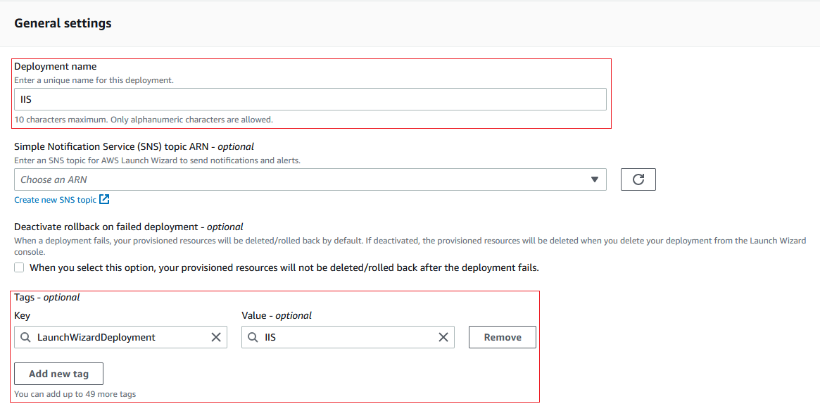 AWS Launch Wizard for IIS - General Settings section.