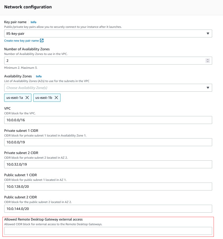 AWS Launch Wizard for IIS - Network configuration section.