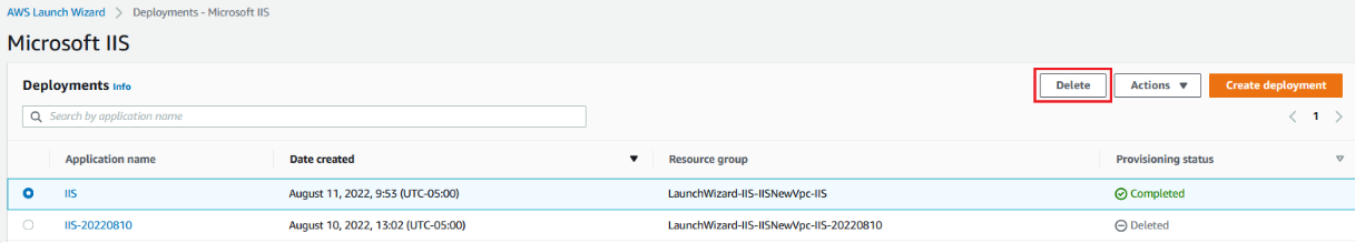 AWS Launch Wizard for IIS - Delete IIS deployment from console.