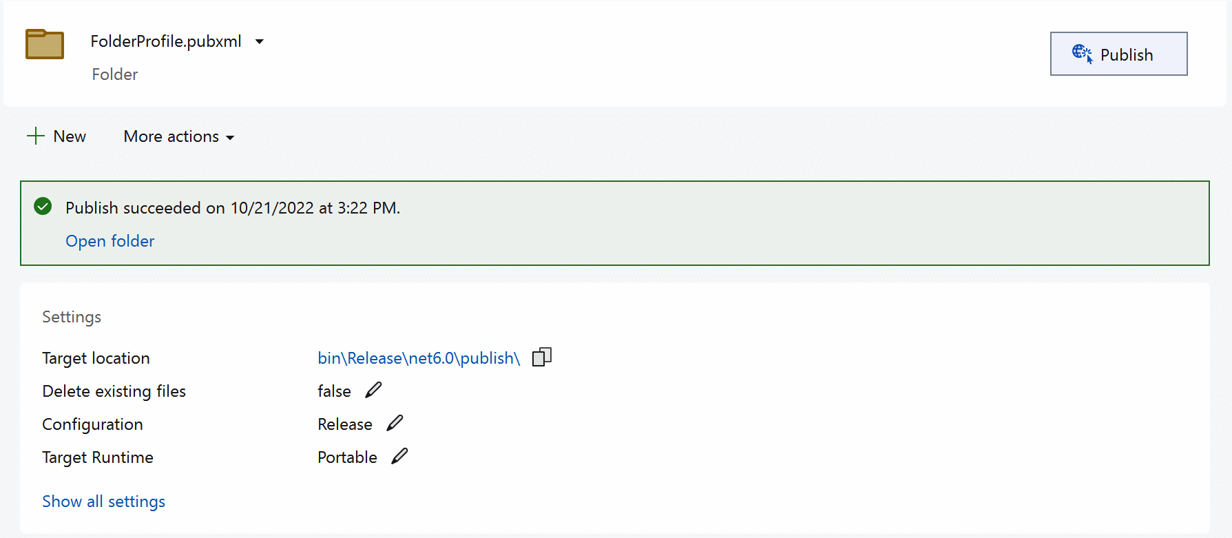 Screenshot of Visual Studio folder publish