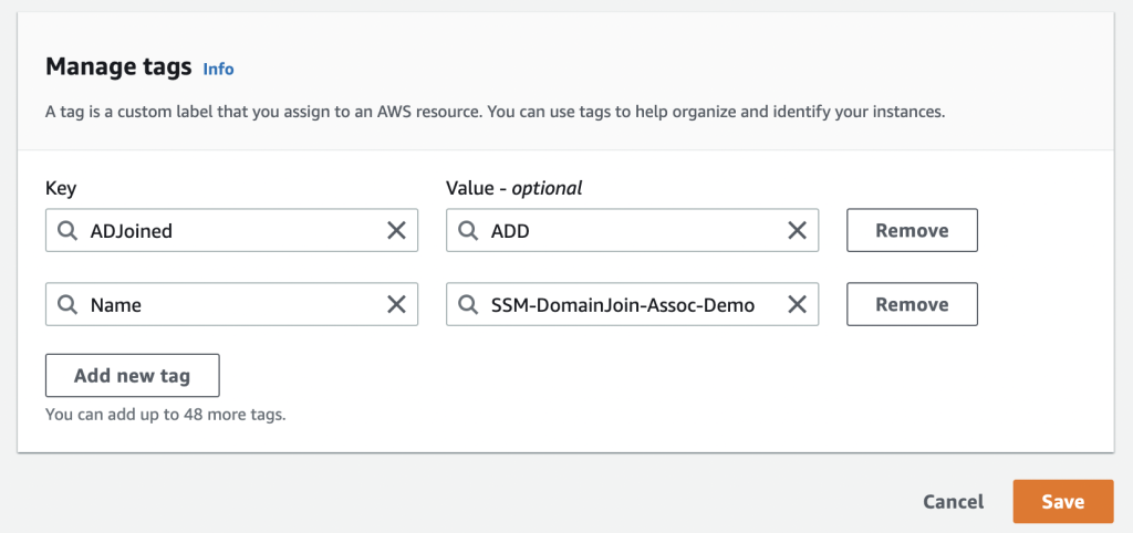 Figure 10: Example screenshot of an EC2 instance's tags configured to start the domain join process.