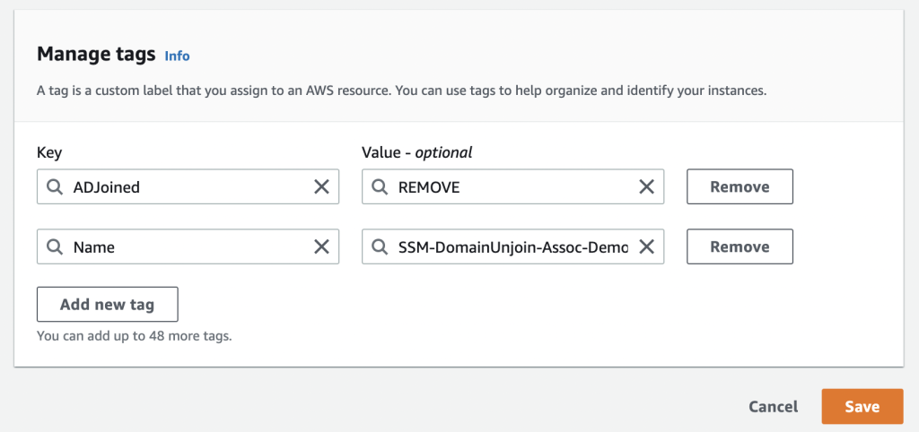 Figure 11: Example screenshot of an EC2 instance's tags configured to start the domain unjoin process.