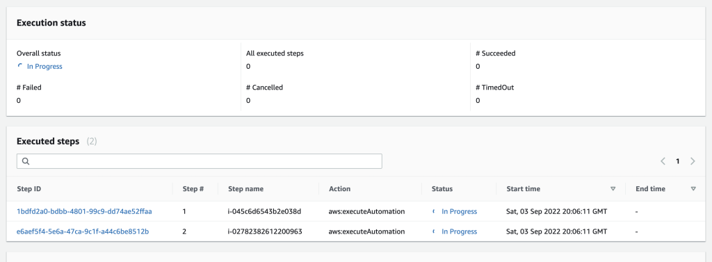 Figure 14: Example screenshot of the Automation executions status details page and steps that have run.