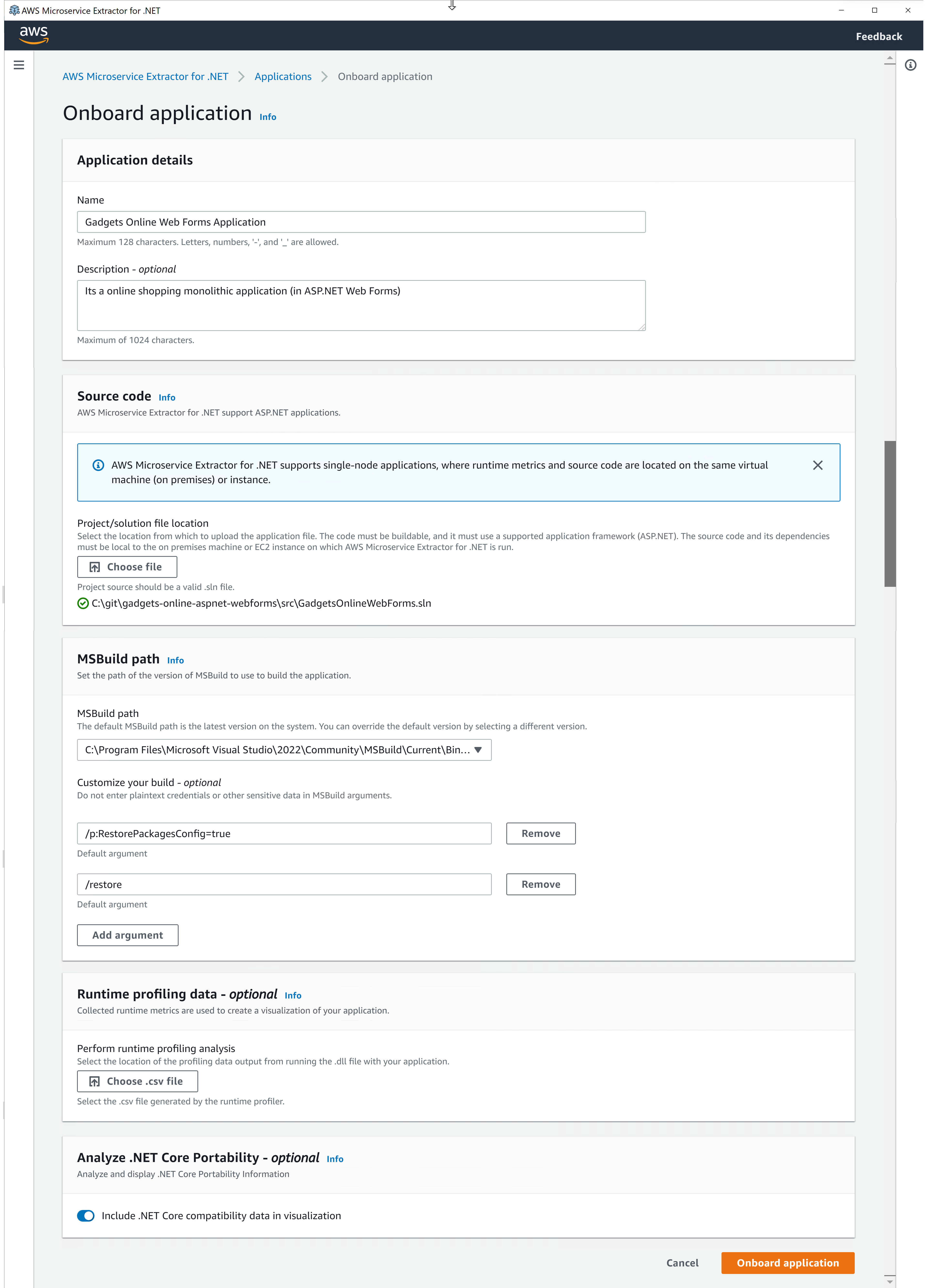 Figure 3 - Options for onboarding ASP.NET Web Forms application