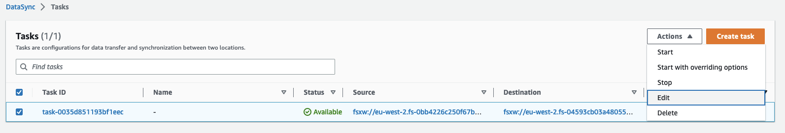 DataSync console Task ID showing source fsx and destination fsx locations