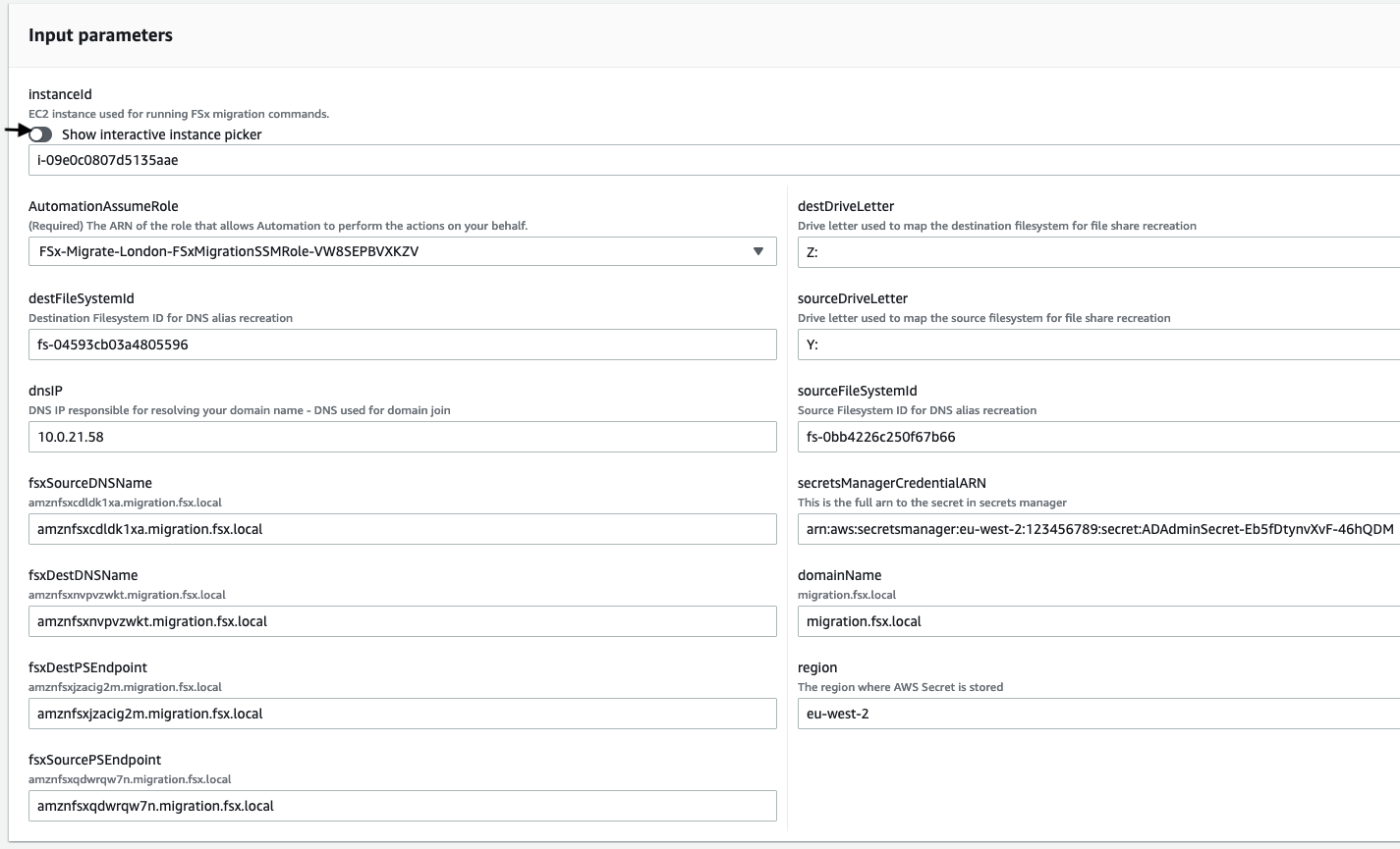 Image of an AWS Systems Manager Automation document with input parameters.