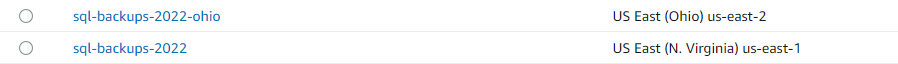 Image of two buckets sql-backups-2022 and sql-backups-2022-ohio