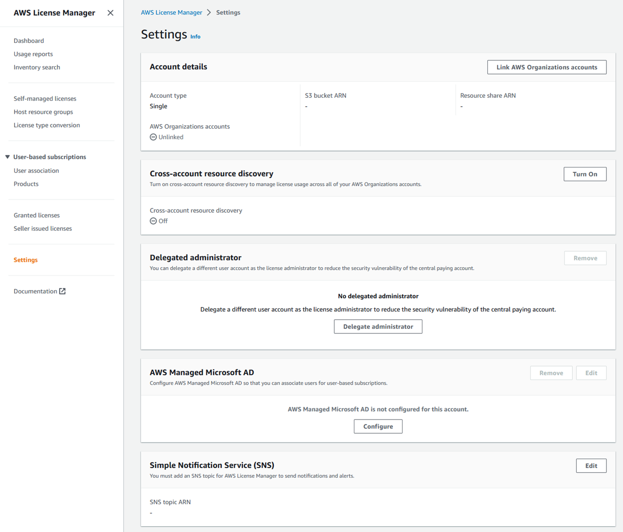 AWS Management Console snippet of the License Manager Settings section