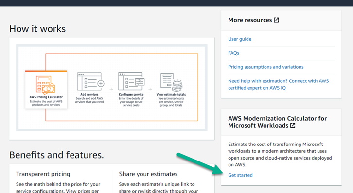 Indication of the location of the link for the AWS Modernization Calculator for Microsoft Workloads