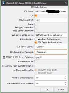 Setting HammerDB Schema Build options