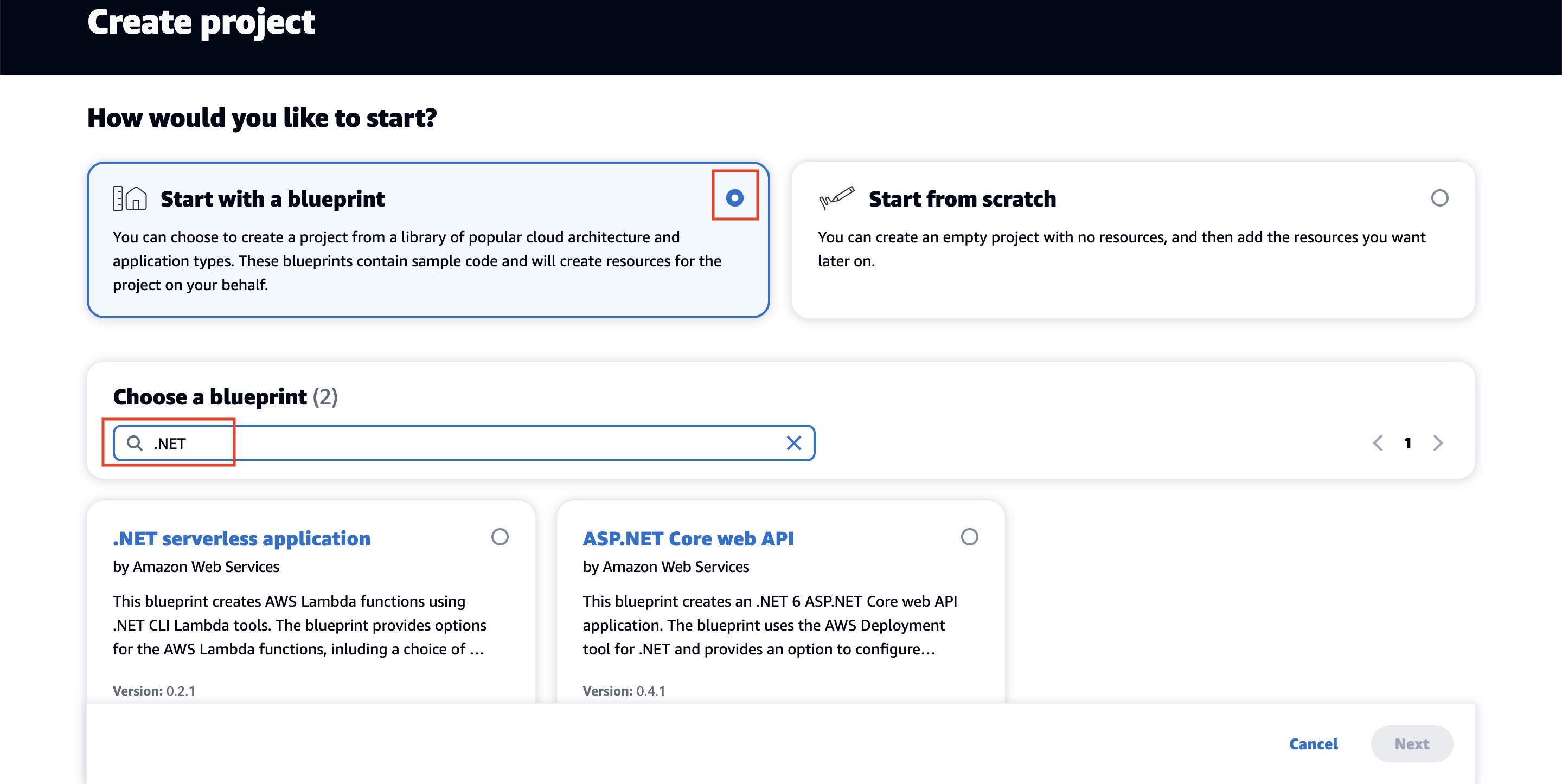 Figure 1: CodeCatalyst .NET blueprints screen