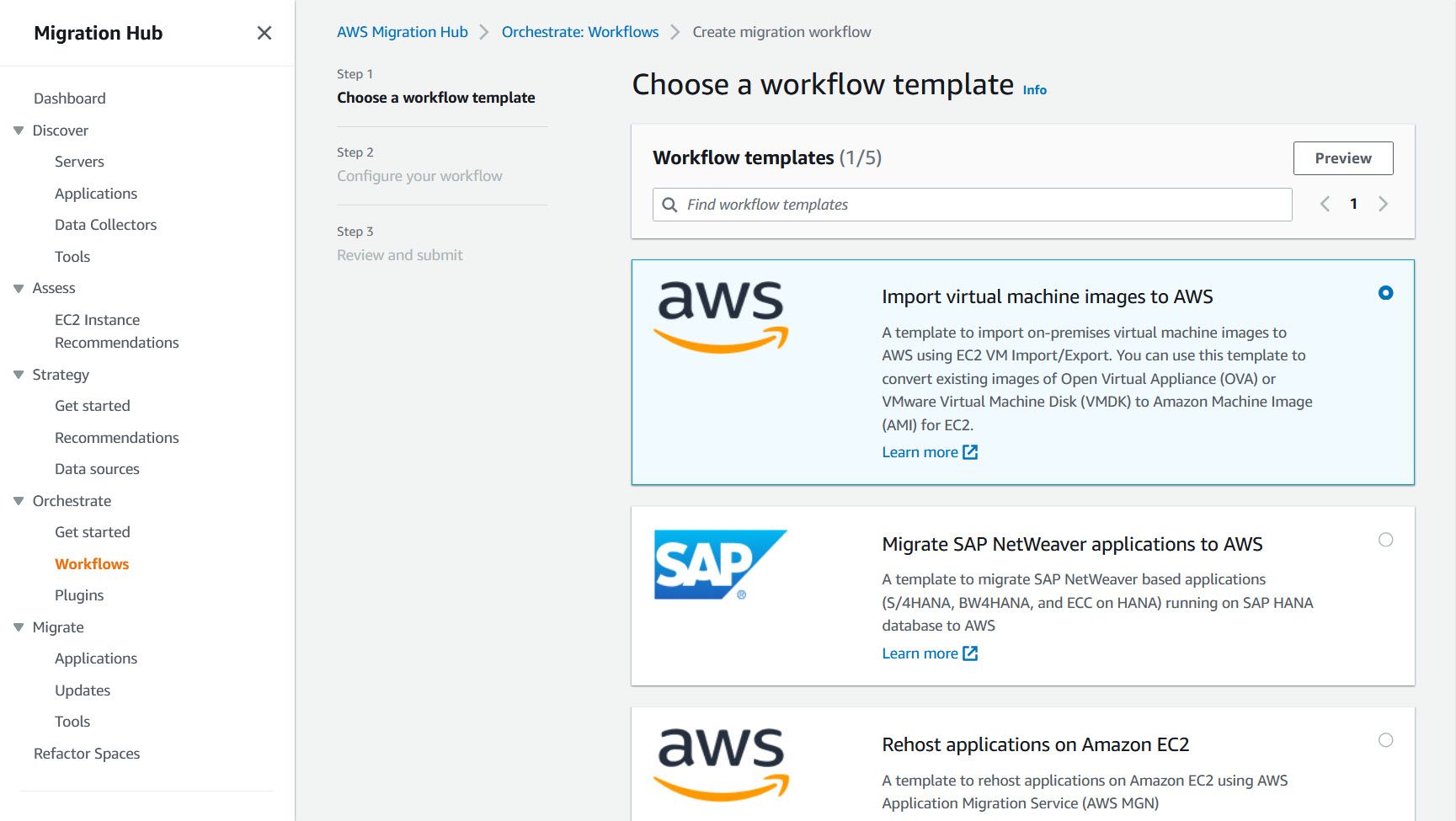 The list of available workflow templates to choose from in AWS Migration Hub Orchestrator.