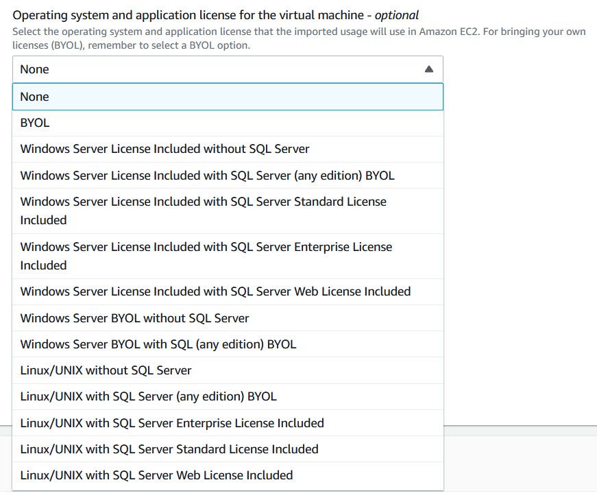 The operating system and application licensing options for an import virtual machine image.