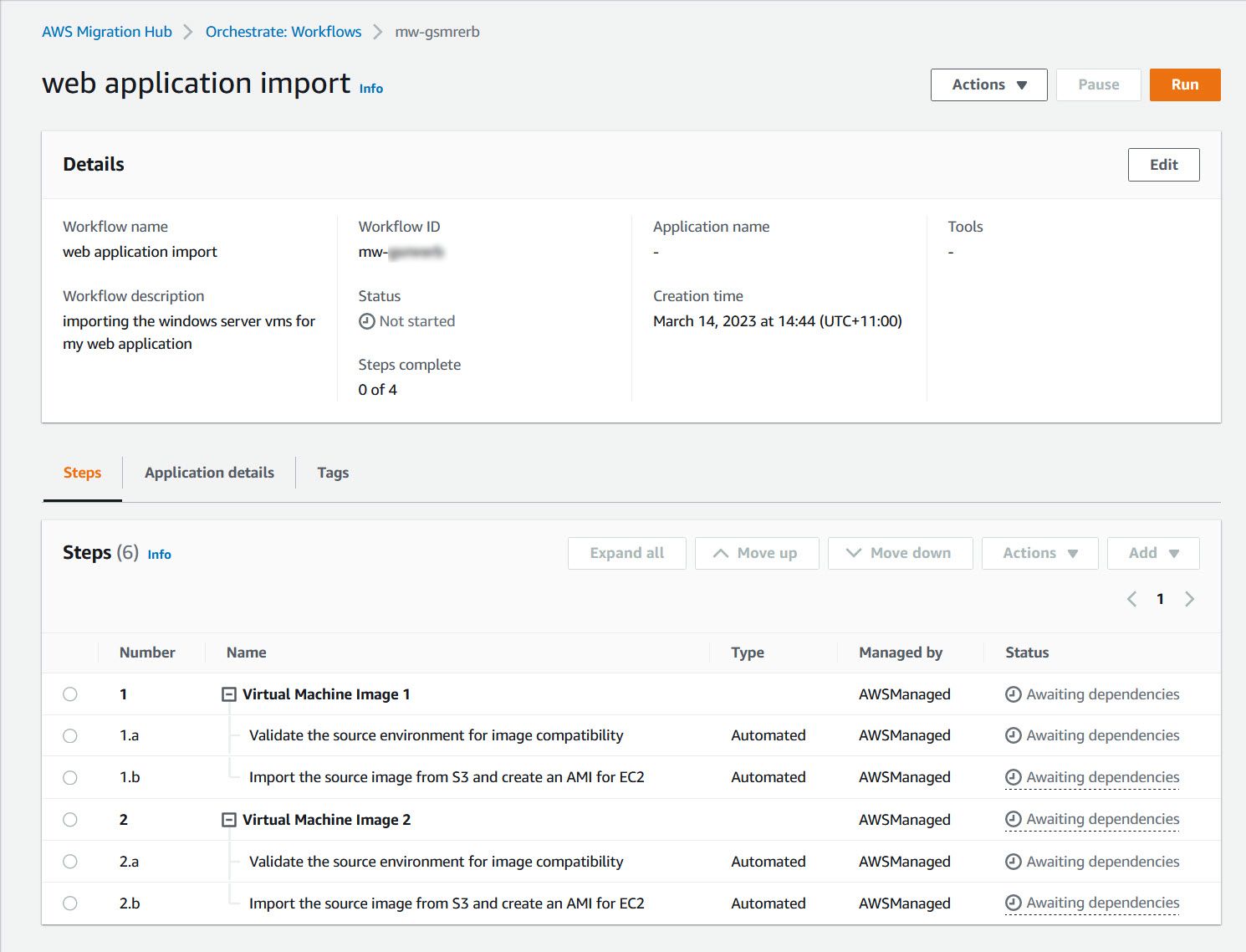 The details page for an existing workflow.