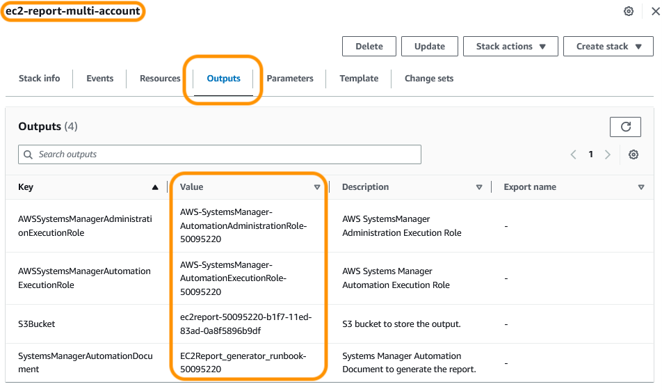 Screenshot shows the output of the deployed AWS CloudFormation Stack on the central account