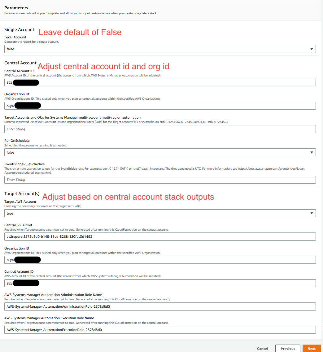 Screenshot shows the input parameters for AWS CloudFormation Stack, deployed on the target account(s)