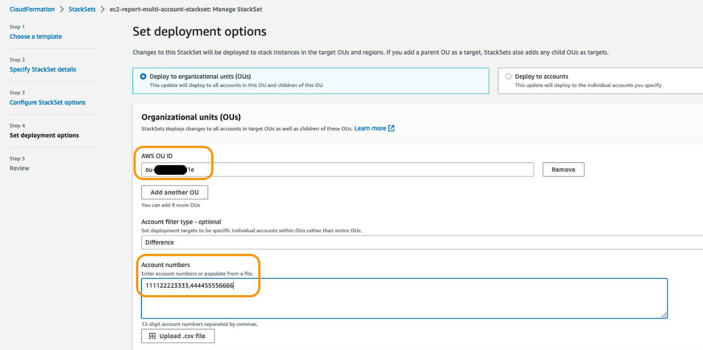 Screenshot shows AWS CloudFormation Stack set deployment options. This page to select the target OUs(organization units)