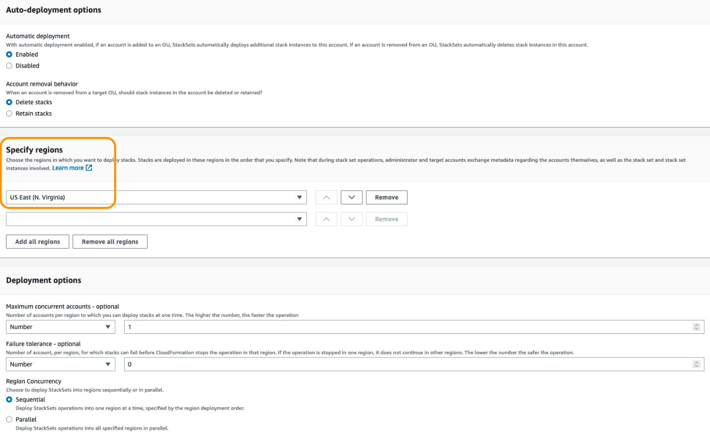 Screenshot shows AWS CloudFormation Stack set deployment options. This page to select the target region.