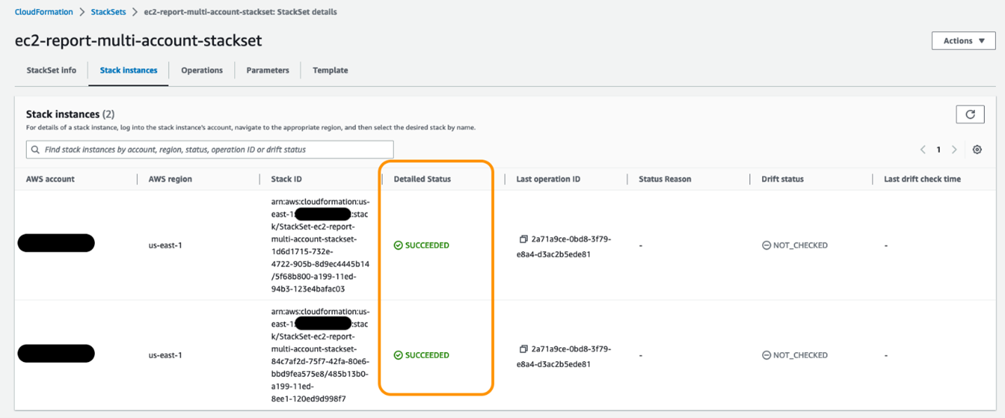 Screenshot shows AWS CloudFormation Stack set output.