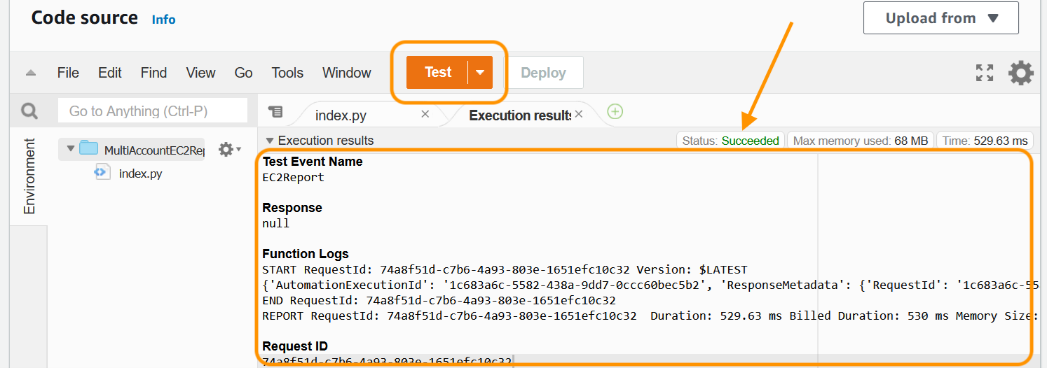 Screenshot shows AWS Lambda execution output.