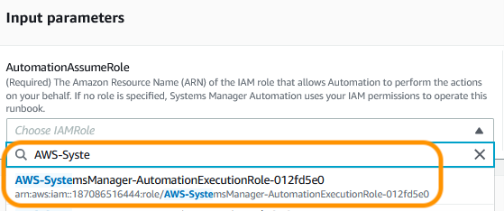 Screen shot shows how to select the automation assume role as input parameter.