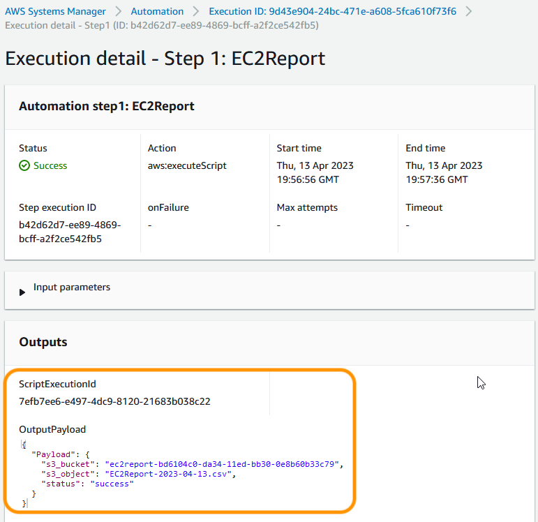 Screenshot shows the output of AWS Systems Manager automation document