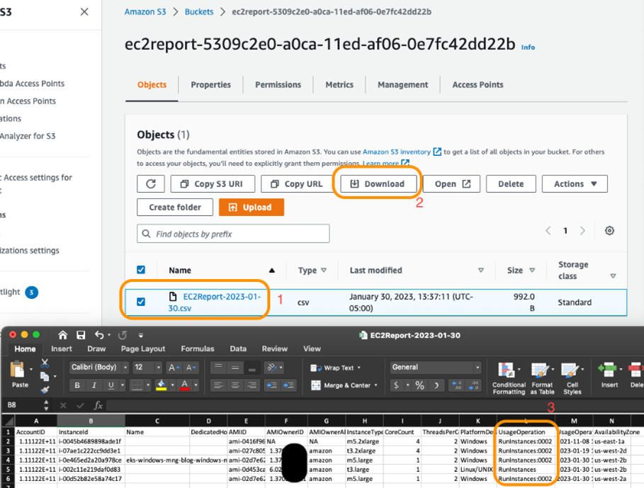 Screenshot shows how to access the output file in Amazon S3 and the output format in excel.