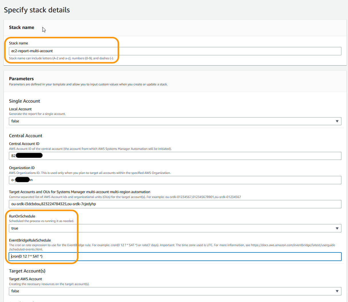 Screenshot shows the input parameters for AWS CloudFormation Stack, deployed on the central account