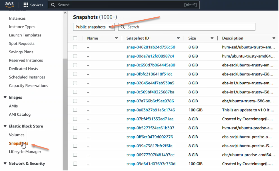 The Amazon EC2 console highlighting Snapshots.