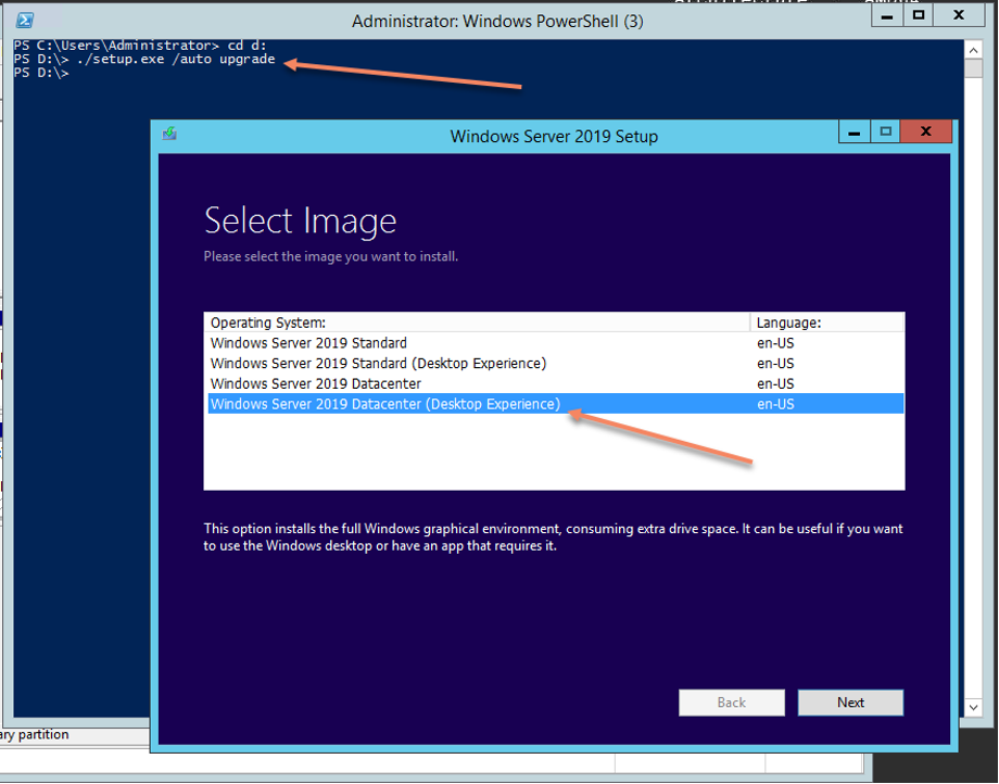 Windows Powershell Image Selection showing how to select Windows Server 2019 Datacenter (Desktop Experience)