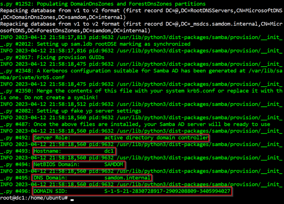 End of the output of provisioning Samba Active Directory