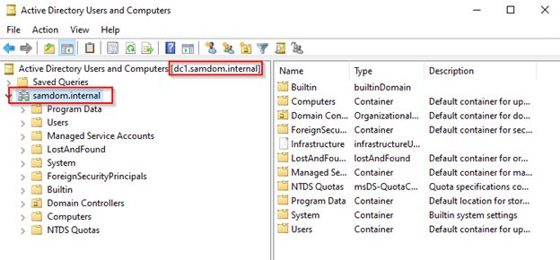 Active Directory Users and Computers snap-in connected to SAMDOM.internal