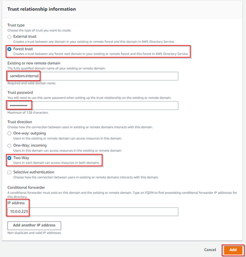 Trust relationship information to set the trust between AWS Managed AD and SAMDOM.internal