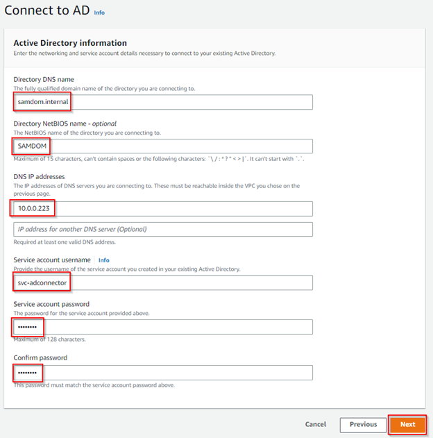 Active Directory information required by AD Connector