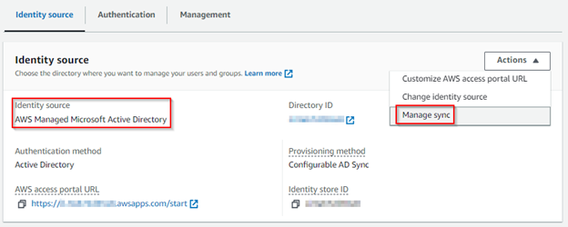 AWS Managed AD noted as identity source