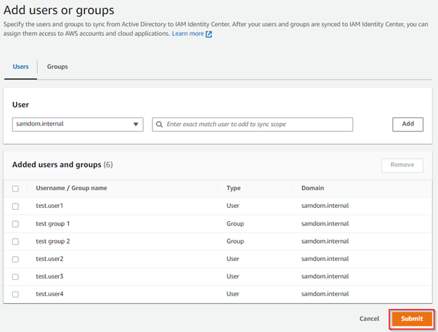 Adding users and groups to be synchronized