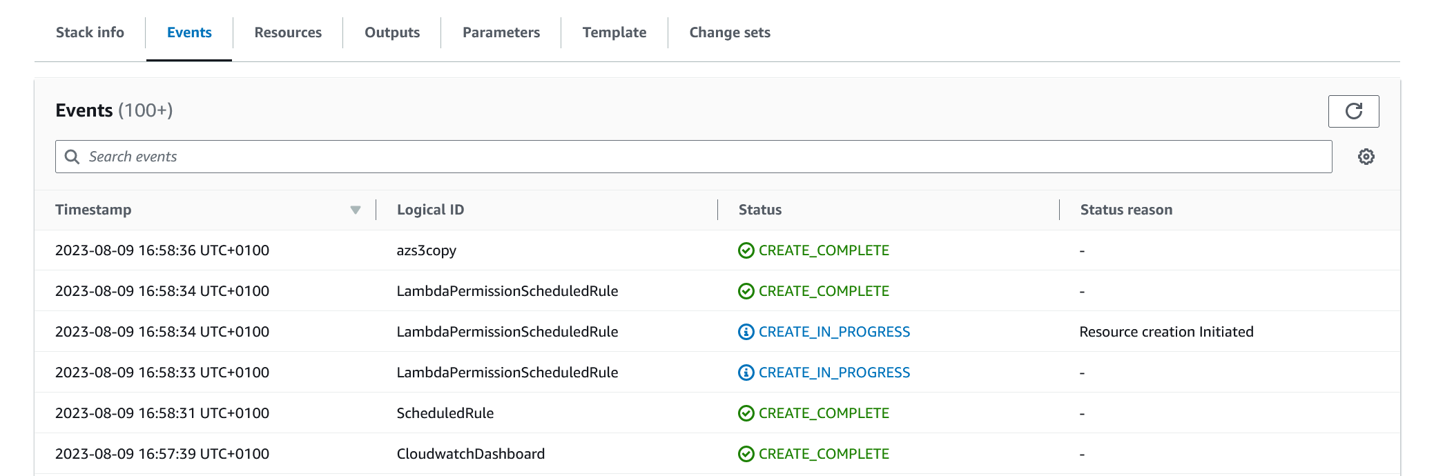 Screenshot showing AWS CloudFormation deployment complete log message