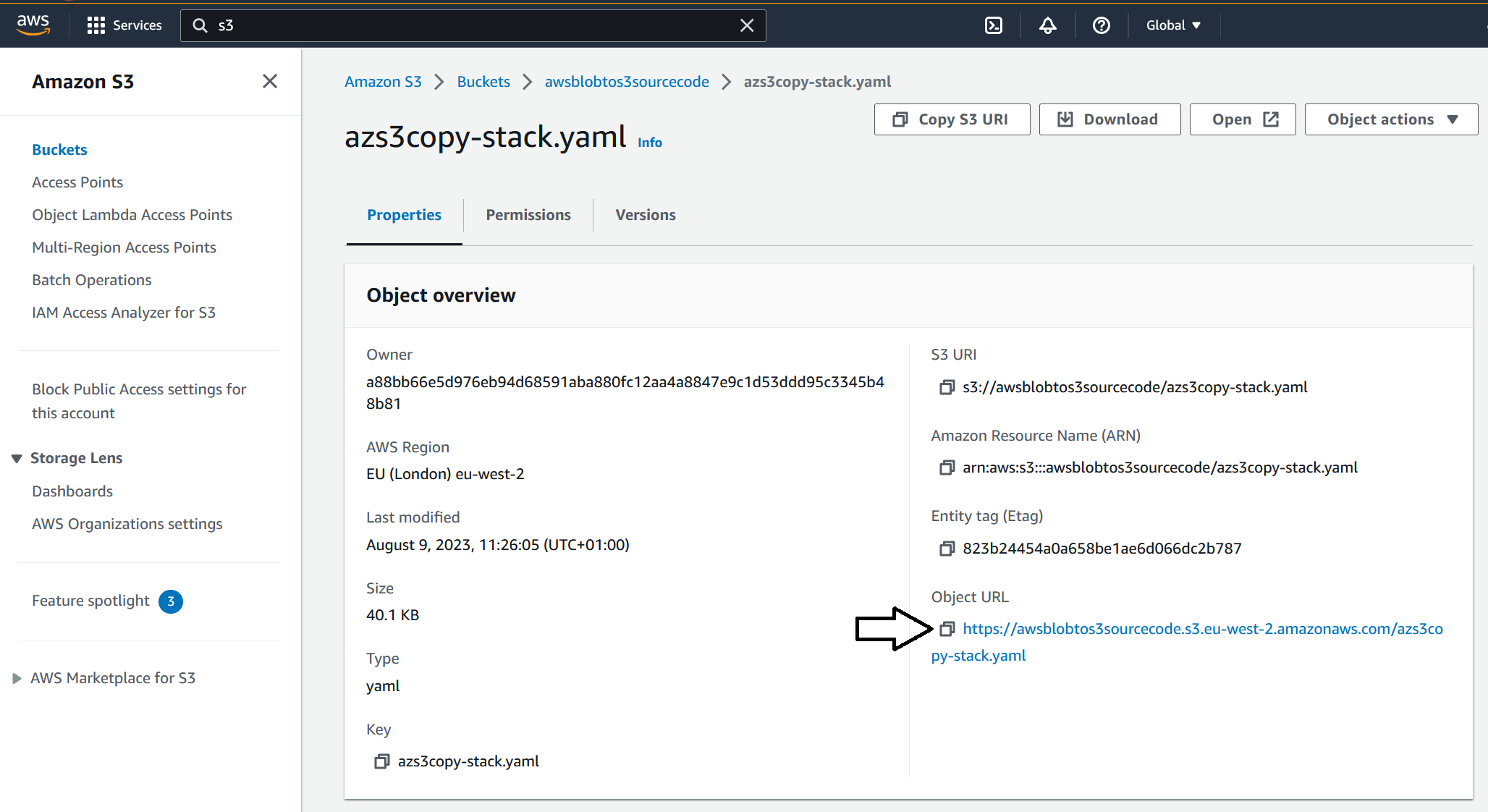 Screenshot showing where to retrieve the Amazon S3 Object URL location within the S3 console