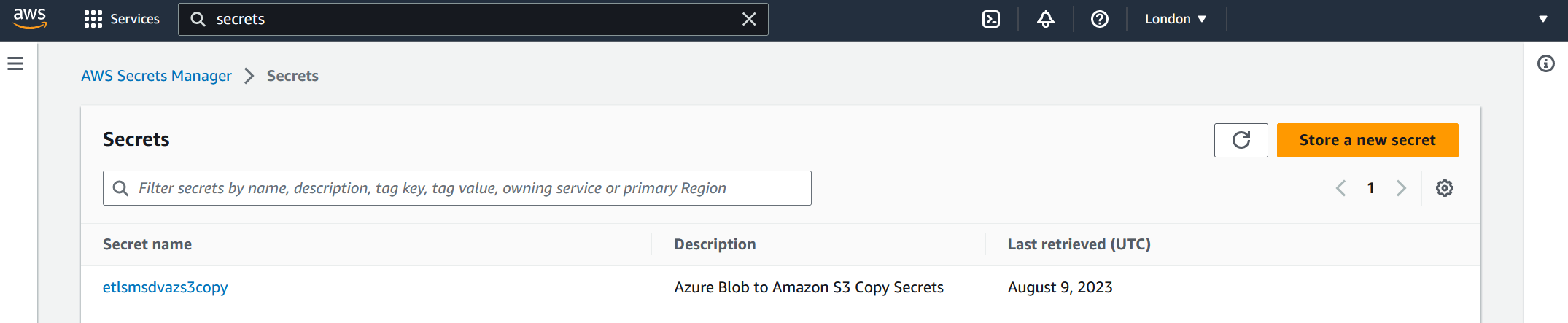 Screenshot showing AWS Secrets Manager secret location