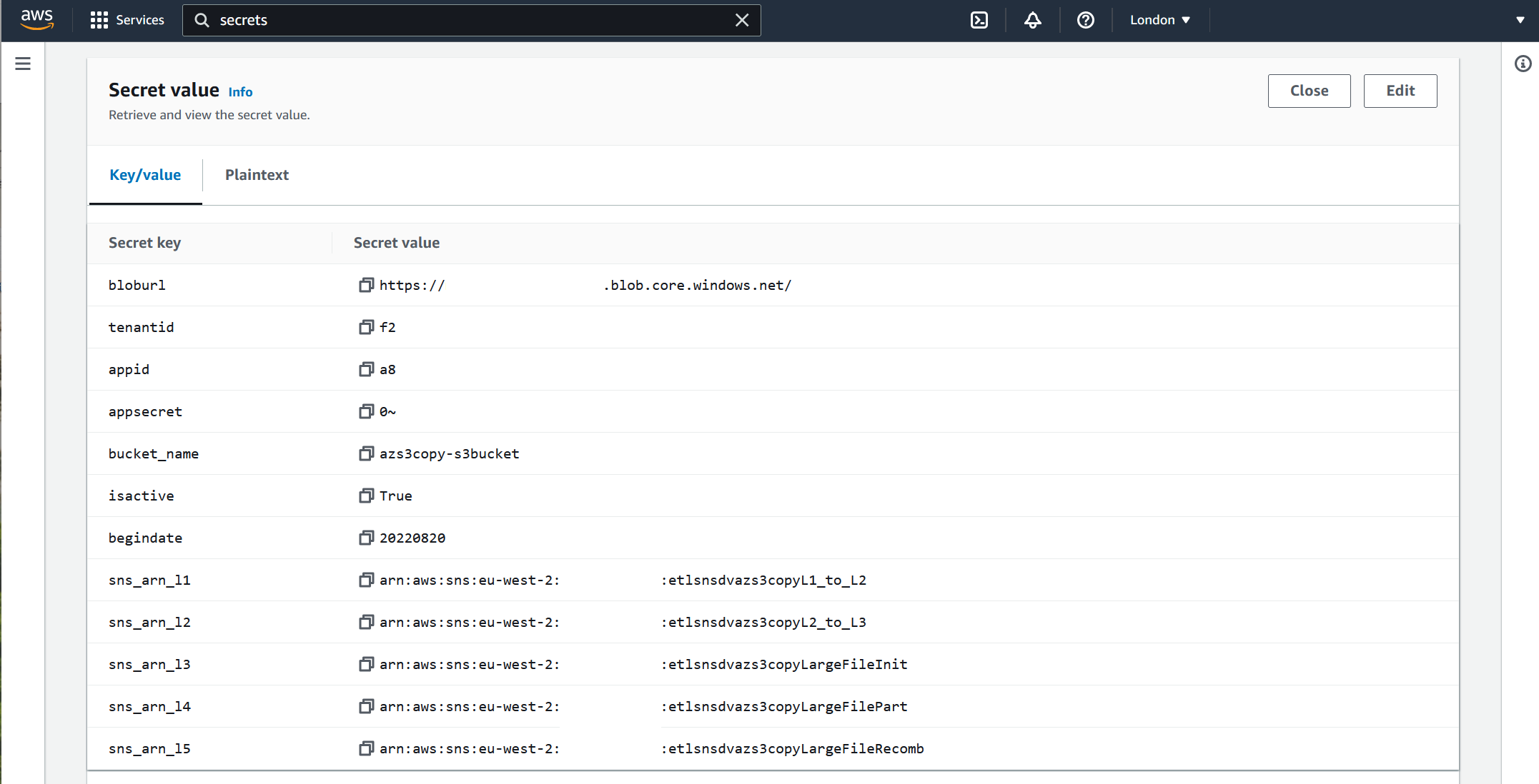 Screenshot showing AWS Secrets Manager secret values