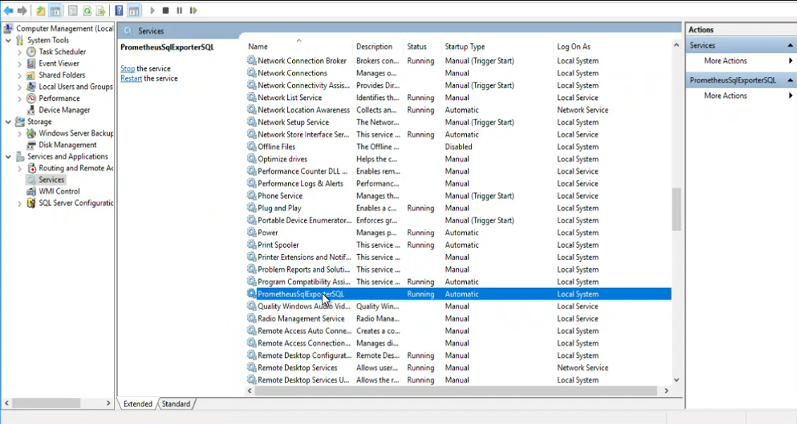 A Windows service named PrometheusSqlExporterSQL must be running on the instance in order to provide licensing recommendations. This image shows the service running from Windows Services.