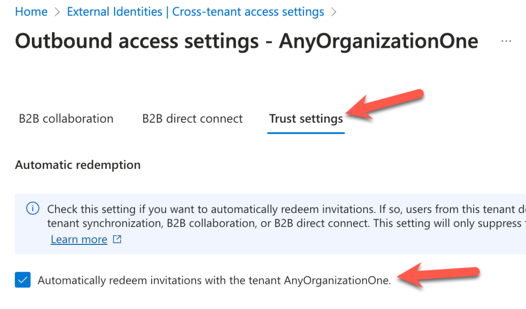 The Azure console displays the Trust settings where we check off the box under Automatic redemption to suppress the consent prompt the first time they access the specified tenant